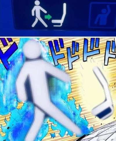 这是一张上下对比的玩梗创作图，上方是蓝色背景的公共标识，标识内的白色小人做出走向右侧座椅扶手的动作；下方是对该标识的二次创作，套用了《JOJO的奇妙冒险》的经典战斗画风：小人周身环绕蓝色特效，背景是标志性的速度放射线条，搭配动漫里代表紧张节奏的“ドドドド”拟声词，原本平淡的标识动作被夸张成充满张力的冲击动作，扶手也呈现出被撞飞的状态，通过动漫风格与日常标识的反差制造出搞笑又热血的效果。