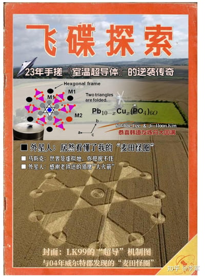 这是一张模仿老牌UFO主题杂志《飞碟探索》复古封面的整活梗图，将2023年韩国团队宣称发现的室温超导体LK99的结构示意图，与2004年英国威尔特郡的麦田怪圈进行结合，制造荒诞的调侃效果。

玩梗细节：
1. 「韩道友炼丹大圆满」：将韩国团队的LK99实验调侃成修仙界的炼丹成功，用玄学视角解构科学实验；
2. 「手搓室温超导体」：调侃LK99的制备过程看起来简单粗糙，像手工自制；
3. 结合马斯克「世界是虚拟的」言论、外星人麦田怪圈的经典UFO梗，进一步强化荒诞感，暗示LK99的“超导”现象像虚拟世界或外星科技一样离奇。