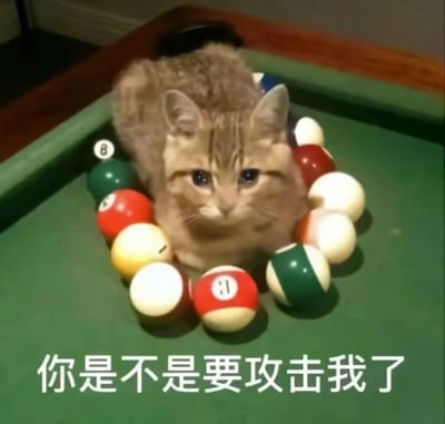 图片中一只毛色浅棕的猫趴在绿色的台球桌上，周围被多个彩色台球（包括8号黑球、11号红球等）环绕。猫咪眼神无辜，耳朵竖起，表情略带委屈地直视镜头，仿佛被台球“包围”而感到不安。图片底部配有文字“你是不是要攻击我了”，通过拟人化手法赋予猫咪人类的情绪，营造出一种可爱又略带幽默的氛围，让人觉得猫咪像是在害怕即将受到“攻击”。