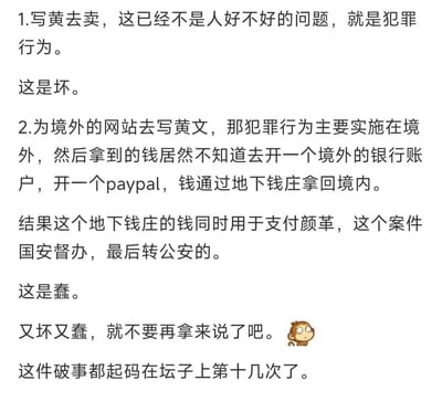 图片为纯文字内容，主要批评两种行为：1. 写黄文售卖属于犯罪行为，定性为“坏”；2. 为境外网站写黄文并通过地下钱庄转移资金，资金涉及非法活动，定性为“蠢”。最后总结“又坏又蠢”，并提到此类话题在论坛已多次出现，文末附有一个猴子表情符号。