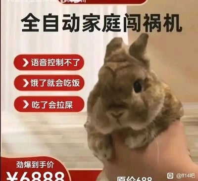 这是一张模仿电商商品宣传海报的搞笑静态图，将一只趴在人手掌上的宠物兔调侃为“全自动家庭闯祸机”。图片上方用大字体标注产品名称，中间用三个红色框列出了三个看似是产品特性、实则是宠物正常行为的内容：语音控制不了、饿了就会吃饭、吃了会拉屎，通过这种反差感制造出幽默效果。图片下方标注了虚高的“劲爆到手价¥6888”，并划掉了“原价688”，进一步模仿电商促销的形式，增强搞笑氛围。右下角的水印显示该图来自百度贴吧的ff14吧。