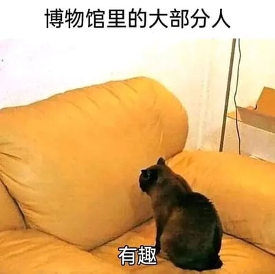 图片上方文字为“博物馆里的大部分人”，下方是一只黑猫坐在黄色沙发上，扭头向一侧望去，猫的下方配有文字“有趣”。通过猫咪看似专注观察的神态与“有趣”的文字结合，幽默地调侃了博物馆中部分游客可能只是表面对展品感兴趣的现象，形成反差萌的搞笑效果。