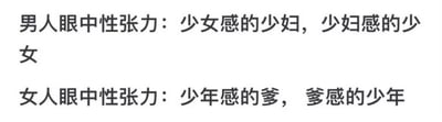 图片为纯文字内容，通过两行文字幽默对比了男女对性张力的不同理解：男人眼中是'少女感的少妇，少妇感的少女'，女人眼中则是'少年感的爹，爹感的少年'，利用词汇的反差感制造出诙谐的对比效果。