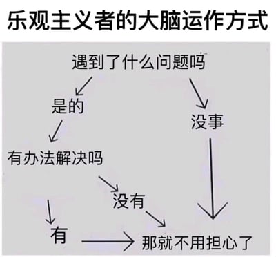 这是一张静态的图文混排类梗图，标题为“乐观主义者的大脑运作方式”，以流程图的形式直观呈现了乐观主义者面对状况时的思考路径：首先发起“遇到了什么问题吗”的自问，若得到“没事”的答案，直接进入“那就不用担心了”的结论；若得到“是的”的答案，则继续自问“有办法解决吗”，无论答案是“有”还是“没有”，最终都会导向“那就不用担心了”的结果。整个流程图用简洁的文字和箭头串联，生动地传递出乐观主义者无论面对何种情况都能保持不焦虑、放宽心的心态，是一种对乐观生活态度的趣味化表达。