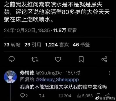 这是一张推特（X平台）的帖子截图，楼主发帖询问「潮吹喷水是不是就是尿失禁」，评论区出现了「他家隔壁80多岁的大爷天天躺在床上潮吹喷水」的离谱回复，下方用户「修靖德」留言称这段文字在自己脑中挥之不去。这种打破常规认知的离谱内容，给人带来强烈的「精神污染」感，引发网友的搞笑共鸣，没有双关、谐音梗等内容，纯粹是反差感带来的搞笑效果。