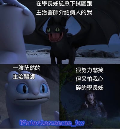 這是一張由三個畫面組成的醫療幽默梗圖，使用《馴龍高手》電影截圖改編。上圖是黑色夜煞無牙張嘴大笑的畫面，配文「在學長姊慫恿下試圖跟主治醫師介紹病人的我」；左下圖是白色光煞一臉困惑的特寫，配文「一臉茫然的主治醫師」；右下圖是希卡普躲在樹後憋笑的樣子，配文「很努力憋笑但又怕我心碎的學長姊」。整體用來幽默呈現醫院實習生面對上級時的尷尬情境。