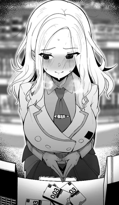 这是一张黑白日式漫画风格的插画，画面中的制服女生低着头，脸颊通红、额头冒汗，神情十分害羞局促，领口处的白气也体现出她的紧张感。她身前的桌面上摆放着多个印有“0.03”字样的安全套包装盒，女生双手交叠在身前，整体画面充满了羞涩的暧昧氛围，没有双关或谐音梗的设计。