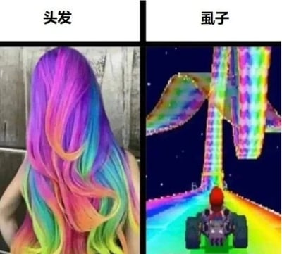 这是一张双面板左右对比梗图。左面板展示了一位拥有绚丽彩虹色长发的人物背影，上方标注“头发”；右面板则是经典游戏《马里奥赛车》中的彩虹赛道场景，一辆卡丁车正在色彩斑斓的赛道上行驶，上方标注“虱子”。梗图通过幽默的比喻，将彩虹头发比作马里奥赛车的彩虹赛道，暗示虱子在头发上如同赛车手在赛道上驰骋，制造出滑稽有趣的喜剧效果，引发观者共鸣与笑声。