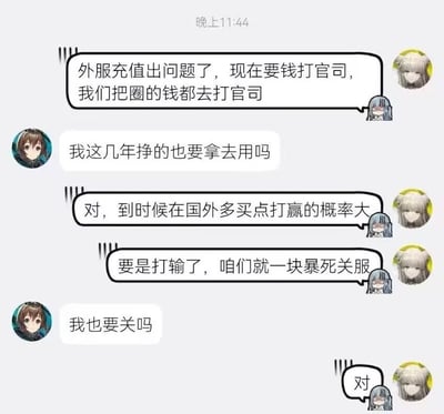 这是一张模拟聊天记录的梗图，展示了两个动漫风格头像角色的对话。银头发型角色提到外服充值出现问题，需要用圈来的钱打官司，甚至包括棕头发型角色几年挣的钱，并计划在国外多投入以提高胜诉概率，若败诉则一起“暴死关服”。棕头发型角色对此表示担忧，询问自己是否也要被牵连关服，银头发型角色给予肯定答复。整体对话带有讽刺游戏运营中可能存在的风险和不负责任态度的意味。