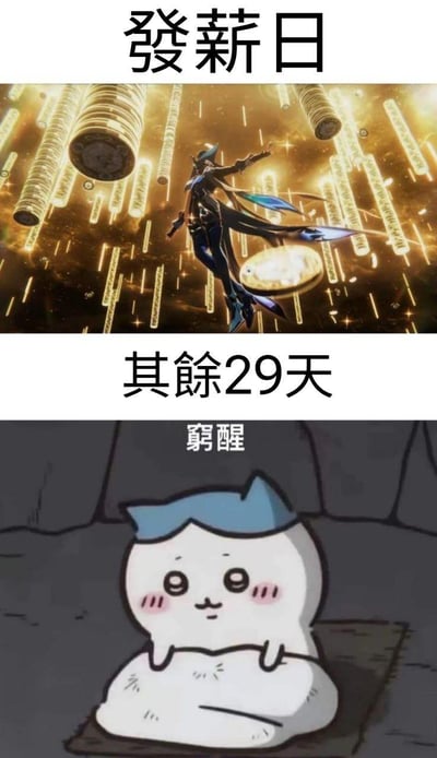 該梗圖為上下對比結構，上半部分標題「發薪日」，展示一位身披戰袍的遊戲角色懸浮於漫天金幣與光柱中，背景金光燦爛，營造出富麗堂皇、氣勢恢宏的氛圍；下半部分標題「其餘29天」，則是一個戴藍色小帽的圓滾滾卡通角色蜷縮在陰暗角落，上方配有「窮醒」文字，表情困倦無力，呈現出貧困睏乏的狀態。通過強烈的視覺反差，幽默詼諧地還原了打工人在發薪日的短暫輝煌與日常拮據的真實生活狀態，引發共鳴。