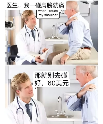 这是一张上下两格的对比梗图，展示了一个幽默的医患对话场景。上格中，一位老年患者正捂着肩膀对医生说：'医生，我一碰肩膀就痛'，并配有英文翻译。下格中，医生给出了简单直接的'解决方案'：'那就别去碰好，60美元'，通过荒诞的医疗建议和突然提及费用形成喜剧效果，讽刺了某些医疗场景中的费用问题。