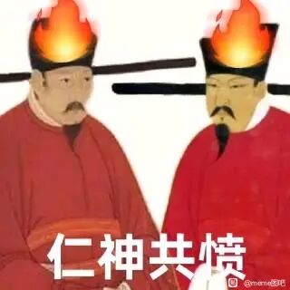 这是一张经过P图改编的静态网络表情包，原型取自古代帝王或官员的画像。图中展示了两位身着红色官服、头戴宋代官帽的人物，他们的帽子顶部被添加了燃烧的火焰特效，人物面部表情严肃，呈现出愤怒的神态。图片下方配有白色文字“仁神共愤”，是谐音“人神共愤”的网络流行梗，以此来夸张地表达极度愤怒、不满的情绪，属于用于网络社交的表情素材。