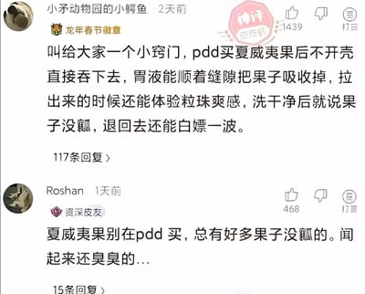 这是一张皮皮虾平台的用户评论截图，用户「小矛动物园的小鳄鱼」分享了一个荒诞离谱的恶意白嫖夏威夷果的玩笑套路：建议购买后不剥壳直接吞下，声称胃液可吸收果肉，排出果壳后以「果子没瓤」为由退货白嫖。下方用户「Roshan」回复吐槽拼多多的夏威夷果确实很多没瓤还臭，刚好“呼应”了上方的离谱套路，形成搞笑的反差效果。
**梗点说明**：上方的套路是恶意整活的玩笑，下方的回复真实吐槽了商品质量，两者结合产生荒诞的喜剧效果，讽刺了网购中的不良商品和离谱的白嫖思路。