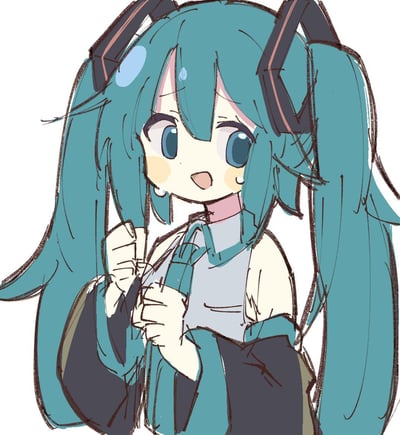 这是一张手绘风格的Q版初音未来同人插画，角色有着标志性的蓝绿色双马尾，双眼含泪，脸颊挂着泪珠，双手攥住自己的领带，嘴巴微张，呈现出既委屈又带着懵懂感的软萌模样，画风随性治愈。