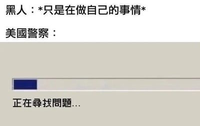 这是一张社会评论类梗图，通过文字和进度条的组合，表现了黑人只是在做自己的事情，而美国警察却在积极寻找问题的场景，反映了对种族 profiling 现象的批判。
