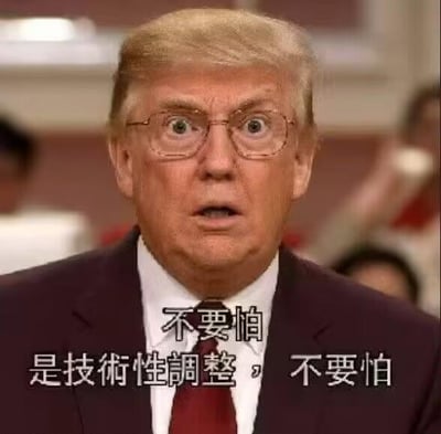 这是一张网友自制的P图改编梗图，使用美国前总统唐纳德·特朗普的震惊表情照片，在图中添加了「不要怕 是技术性调整，不要怕」的文字。图中夸张的惊恐表情和安抚式的文字形成强烈反差，用反讽的方式调侃那些用「技术性调整」来掩饰问题、进行自我安慰的场景，常见于股市下跌等相关讨论中，用来表达对这类说辞的不信任与戏谑态度，整体风格搞笑戏谑，适合在吐槽类似情况时使用。