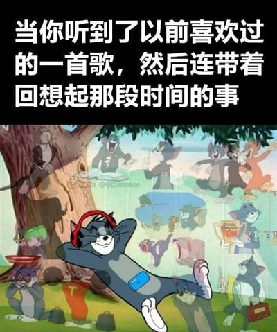 这张梗图以经典动画《猫和老鼠》中的汤姆猫为核心，画面里戴着红色耳机的汤姆惬意地躺卧着，背景拼接了汤姆在动画里的各类不同场景画面，顶部配文「当你听到了以前喜欢过的一首歌，然后连带着回想起那段时间的事」，精准捕捉到人们听到熟悉老歌时，会被勾起相关过往回忆的普遍共鸣，用大众熟知的动画角色场景来传递怀旧感，十分贴切。