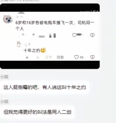 这是一张拼接的社交媒体内容截图，上方是某社交平台的评论区内容：一名用户发文称自己6岁和16岁时两次被电瓶车撞飞，两次肇事的司机是同一个人；另有来自辽宁的网友在该内容下回复“十年之约”并搭配微笑表情，获得46个点赞。下方是名为“小熊”的用户的聊天发言，首先感慨该当事人十分倒霉，提到有人将这件事戏称为十年之约，紧接着玩梗称更合适的叫法是“同人二创”，借用ACG圈术语制造反差笑点。