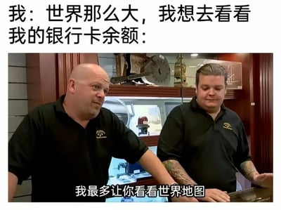 图片上方文字为“我：世界那么大，我想去看看 我的银行卡余额：”，中间是两位男性的真人场景照片，左侧男性光头，穿着黑色衬衫，侧身看向右侧，表情带着疑惑；右侧男性头发梳理整齐，同样穿着黑色衬衫，低头看向下方，表情严肃无奈。图片底部文字为“我最多让你看看世界地图”。整体通过文字与人物表情的结合，幽默地展现了人们渴望环游世界的理想与银行卡余额不足的现实之间的反差，用轻松调侃的方式表达了经济条件对旅行愿望的限制。