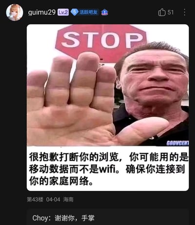 这是一张发布在百度贴吧的搞笑二次创作图，创作者利用视觉错位手法，将一个向前伸出的大手掌与阿诺德·施瓦辛格的面部图像结合，搭配后方的STOP标识，营造出手掌属于施瓦辛格的错觉；下方配文模仿网络流量提醒的正式语气，告知观看者可能正在使用移动数据，提醒其连接家庭WiFi。评论区用户Choy留言“谢谢你，手掌”，刻意将图中视觉错位的手掌当作提醒的发出者，玩梗强化了图的幽默效果，整体内容以轻松搞笑的方式传递网络连接的提醒信息。