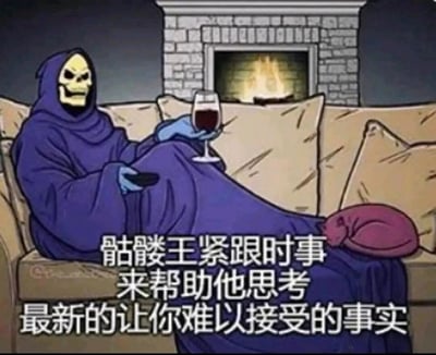 这是一张带有戏谑风格的静态网络梗图，画面主体是经典动画《宇宙的巨人希曼》中的反派角色骷髅王，他身着标志性的紫色连帽罩袍，正惬意地瘫坐在柔软的沙发上，一只手端着盛有红酒的高脚杯，另一只手握着遥控器，腿上还垫着粉色靠垫，背景是燃着火焰的壁炉，整体姿态慵懒放松，嘴角上扬带着戏谑的笑意。图下方配有文字“骷髅王紧跟时事来帮助他思考最新的让你难以接受的事实”，用反差感的画面和文案，将原本反派的形象塑造成能共情人们面对扎心现实的角色，用幽默的方式调侃那些让人难以接受的时事或生活事实。