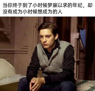 这是一张图文混排的共鸣向表情包，上方配有文字“当你终于到了小时候梦寐以求的年纪，却没有成为小时候想成为的人”，下方是托比·马奎尔饰演的彼得·帕克坐在床上的影视截图，他神情低落、眼神黯淡，双手交握放在腿前，落寞的神态完美契合了配文里那种成年后没能实现童年理想的失落与怅惘情绪，精准戳中当代人在现实与理想落差中的心境，极易引发大众共鸣。