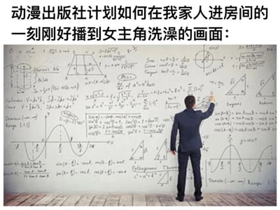 图片上方配有文字“动漫出版社计划如何在我家人进房间的一刻刚好播到女主角洗澡的画面：”，下方是一名身穿西装的男子正在写满复杂数学公式的白板前专注书写的场景。通过将日常观看动漫时的尴尬场景与严谨的数学分析形成夸张对比，营造出幽默搞笑的效果，调侃了动漫中常见的“巧合”洗澡情节安排。