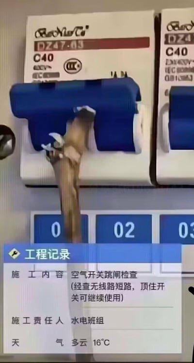 图片展示了配电箱内的两个C40型号空气开关（品牌标识为“RuoXiuCi”），其中左侧开关被一根木棍从下方顶住以保持开启状态。下方叠加了蓝色标题的“工程记录”表单，内容显示施工内容为“空气开关跳闸检查”，并备注“经查无线路短路，顶住开关可继续使用”，施工责任人为“水电班组”，天气“多云”，气温16°C。图片通过记录这种明显违反电力安全规范的操作，以幽默和讽刺的方式揭示了某些场景下忽视安全的现象。