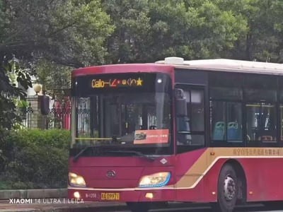 这是一张南宁白马公共交通有限公司的公交车实拍图，红棕配色的公交车前方电子路线显示屏出现故障，显示出一串类似颜文字的无意义字符“Cialo~(∠・ω<)⌒★”，看起来像是“加密”的路线信息，十分猎奇。车辆车牌号为桂A·D9971，车身编号N-1259，挡风玻璃内贴有“主动待行车，不越线”的提示标语，车身侧面印有“南宁白马公共交通有限公司”字样。图片左下角带有“XIAOMI 14 ULTRA | LEICA”的拍摄设备标识，背景是路边的绿植与围栏，属于日常城市道路场景的抓拍。