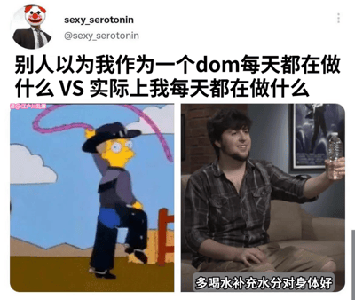 这是一张左右对比梗图，左侧是《辛普森一家》中的巴特·辛普森戴着牛仔帽、手持粉色套索摆出潇洒姿势的动画截图，右侧是一位现实中的男性手持水瓶微笑的照片。图片通过强烈反差制造幽默效果，上方文字标题为'别人以为我作为一个dom每天都在做什么 VS 实际上我每天都在做什么'，右侧人物下方配有'多喝水补充水分对身体好'的字幕，形成了霸气形象预期与日常养生现实的搞笑对比。