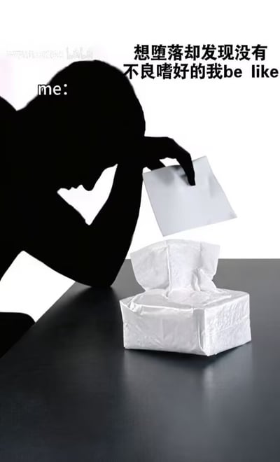 这是一张搞笑调侃梗图，背景为纯白色，画面左侧是一个人物黑色剪影，剪影旁标注“me:”，人物手肘撑在深灰色桌面上，一只手撑着头，另一只手拿着一张空白白纸，面前放着一包白色抽纸，画面右上方配文“想堕落却发现没有不良嗜好的我be like”，用夸张的形式调侃想要放纵堕落却没有对应的不良爱好，只能做出无意义动作的无奈又好笑的状态。