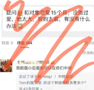 这是一张微博平台的社交媒体截图，楼主发帖提问，称自己和恋爱15个月的对象无法进行性行为，原因是男方尺寸较大而自己私处紧致，寻求解决办法。评论区有用户用低俗玩梗的方式回复“我前面小后面松可以在你们中间”，引发其他网友调侃，将其称为“中转站”“转接器”，整体是用搞笑又低俗的网络段子来调侃亲密关系中的难题，充满趣味和玩梗属性。