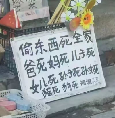 这张图片展示了一块路边摊防盗告示板，上面写满了极为激烈的诅咒用语：“偷东西死全家，爸死妈死儿子死，女儿死孙子死孙女死，猫死狗死，擦澡不死”。用语极端，主要表达摊主对于偷盗行为的强烈痛恨和无奈，通过连环式咒骂体现出夸张搞笑的民间表达。最后一句“擦澡不死”幽默地转折了一下，形成了荒诞的效果，有点民间土味文化的双关/无厘头意味，同时带有一定的地域市井特色。

图片没有明显谐音梗，但整体呈现出一种看似严肃实则滑稽夸张的效果，网感十足。
