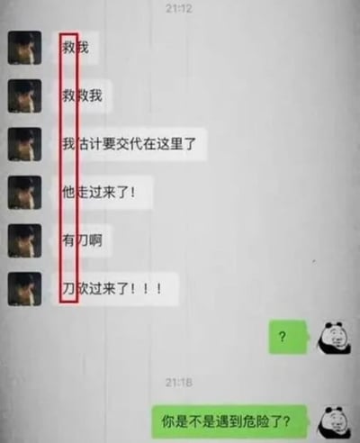 这是一张社交软件聊天记录截图，左侧用户连续发送6条消息，内容依次为“救我”“救救我”“我估计要交代在这里了”“他走过来了！”“有刀啊”“刀砍过来了！！！”，图中用红色竖框标注出了每条消息的第一个汉字，将这些首字按顺序组合后刚好形成完整的求救语句“救救我他有刀”；右侧聊天对象先是发送了搭配熊猫头表情包的问号，之后又询问对方是否遇到危险。该内容的梗点在于，如果发送消息的人正处于被胁迫的状态，这种将求救信息拆解隐藏在每句消息首字的方式很难被胁迫者察觉，联想到这种可能性后会让人觉得细思恐极。