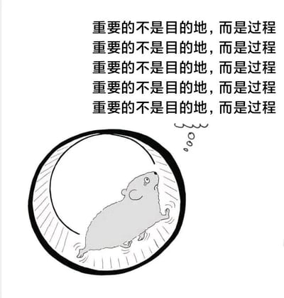 图片上方重复六次黑色文字'重要的不是目的地，而是过程'，下方是一幅黑白卡通画：一只仓鼠正在圆形轮子里不停奔跑，头部上方有一个空白的思想泡泡。图片通过将励志标语与仓鼠在轮中循环奔跑却无法前进的场景结合，形成强烈反差，幽默地讽刺了那些看似强调'过程'却陷入无意义重复循环的状态。