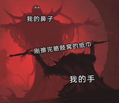 这是一张基于类魂游戏BOSS战场景二次创作的搞笑梗图，整体画面为暗红色调，营造出紧张的战斗氛围。画面上方的巨大暗黑怪物被标注为“我的鼻子”，下方的暗黑角色被标注为“我的手”，角色手中的武器被替换标注为“刚擦完胳肢窝的纸巾”。创作者用激烈的BOSS战场景来夸张比喻生活中一个粗心的尴尬瞬间：不小心用擦过胳肢窝的纸巾去擦鼻子，将身体部位和日常物品代入战斗角色，通过强烈的画面反差和生活化的尴尬场景制造笑点，引发网友对这类社死瞬间的共鸣。