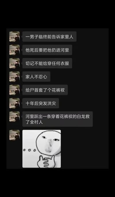 该梗图为连环图文结构，上方多格文字叙述一个故事：男子临终要求死后裸身扔河里，家人不忍给套了花裤衩，十年后洪灾中穿花裤衩的白龙现身救全村。下方配一张抽象人脸小人托腮沉思的表情包，形成荒诞幽默的反转效果。