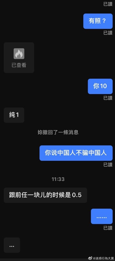 这是一段同志交友语境下的聊天记录截图，蓝色对话框为提问方：先询问对方“有照？”，接着发送“你10”（实际是想问对方是不是1，随后撤回了一条消息），又用“你说中国人不骗中国人”要求对方说实话；对方先是回复“纯1”，之后又改口称“跟前任一块儿的时候是0.5”，提问方最终发送省略号表达无语。整个对话利用同志圈里1、0、0.5的属性划分，因对方前后矛盾的回答制造出迷惑又搞笑的效果。