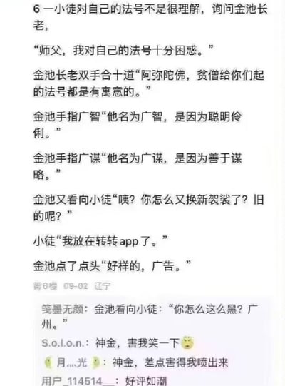 这张梗图内容来源于网络群聊或论坛，描述了一段师徒对话：小徒对自己的法号困惑，金池长老一本正经地解释法号背后的寓意，比如“广智”是聪明伶俐，“广谋”是善于谋略。接着又埋梗，用“广告”、“转转app”等网络流行梗调侃，网友评论区也顺势玩起地域或神梗。这一内容充满了文字双关、谐音和广告植入的幽默气息，体现中文网络段子的创造力和娱乐性。

其中巧妙地融合了“广告”与“广智、广谋”等名称谐音，出现了植入式广告的戏谑，以及“转转app”等真实品牌，阅读时容易让人会心一笑。

【双关/谐音梗说明】：利用“广智、广谋、广告”等字词双关和生活化app名植入产生幽默效果。
