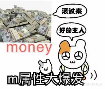 这是一张用于自嘲的趣味表情包，采用左右图文拼接的形式呈现。左上区域展示了大量成捆的美元现金，下方标注红色英文“money”，代表金钱；右侧是两只简约风格的卡通兔子，上方的对白气泡写着“滚过来”，象征金钱对观看者的“命令”，体型较大的卡通兔子带着眼神涣散、顺从的表情，对白气泡回应“好的主人”，做出跑动的动作，体型较小的兔子则以乖巧的表情在旁。图片底部配有黑色粗体字“m属性大爆发”，右下角带有“利艾使人勃*起_伤”的水印。整体内容借用网络流行梗“m属性大爆发”，将自己面对金钱时毫无底线的顺从心态调侃为受虐属性爆发，以幽默自嘲的方式表达对金钱的强烈渴望。