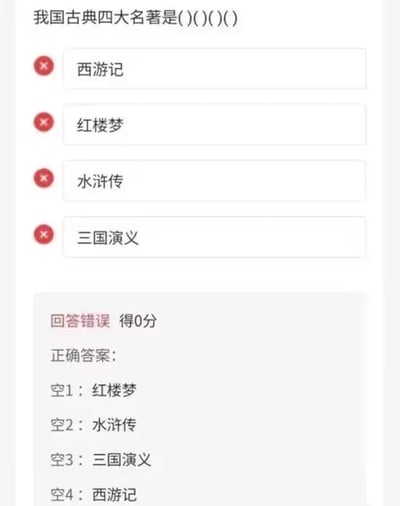 图片展示了一个关于我国古典四大名著的测试界面。题目为“我国古典四大名著是()()()()”，下方列出四个选项“西游记”“红楼梦”“水浒传”“三国演义”，每个选项前均有红色叉号。界面底部显示“回答错误 得0分”，并给出正确答案：“空1：红楼梦 空2：水浒传 空3：三国演义 空4：西游记”。画面幽默地呈现了选择正确内容却因可能的顺序要求而被判错的场景，带有搞笑和无奈的意味。