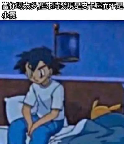 这是一张改编自《精灵宝可梦》动画的恶搞玩梗图，图中主角小智坐在卧室的床上，神情低落郁闷，身边的床上只露出皮卡丘的黄色尾巴，顶部配文写道：“當你喝太多,醒來時發現是皮卡丘而不是小霞”，调侃了原本期待酒醒后身边是暧昧对象小霞，结果只有一直陪伴自己的皮卡丘的错位情景，属于网友对宝可梦角色关系的恶搞创作。