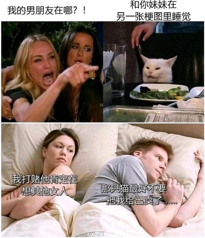 这是一张由多组经典素材拼接而成的连环搞笑梗图，共分为三个视觉区域：左上区域是真人秀《比弗利娇妻》里的场景，一位金发女性愤怒地大张嘴巴，手指前方，配文“我的男朋友在哪？！”，表现出急切又愤怒的情绪；右上区域是知名网络梗图《Woman Yelling at a Cat》中的白猫部分，白猫表情冷漠地坐在餐桌前，配文“和你妹妹在另一张梗图里睡觉”，将白猫设定为“妹妹”，构建出男友出轨的荒诞设定；下方区域是美剧《实习医生格蕾》的截图，床上的女性抱臂侧卧，满脸怀疑，配文“我打赌他肯定在想其他女人”，身旁的男性则神色心虚，配文“那只猫最好不要把我给出卖了……”，呼应了上方的梗图设定，表现出男友担心自己出轨的秘密被白猫泄露的滑稽心态。整张图通过不同梗图素材的联动，用荒诞的剧情制造出强烈的喜剧效果。