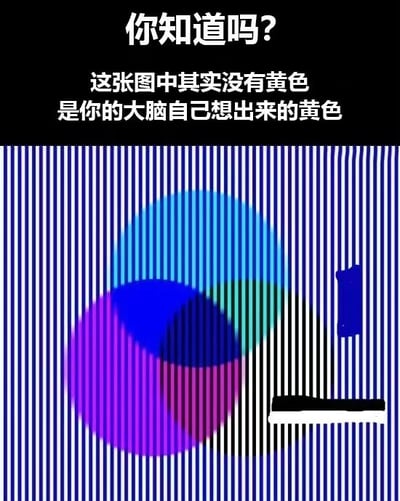 图片上半部分为黑色背景白色文字：“你知道吗？这张图中其实没有黄色 是你的大脑自己想出来的黄色”。下半部分是蓝白相间的垂直条纹背景，上面有三个重叠的圆形，分别为蓝色、紫色和青色。由于条纹与圆形颜色的对比和重叠，大脑会产生错觉，误以为在重叠区域看到了黄色，但实际上图片中并不存在黄色像素。这是利用色彩混合和视觉暂留原理制造的认知错觉。
