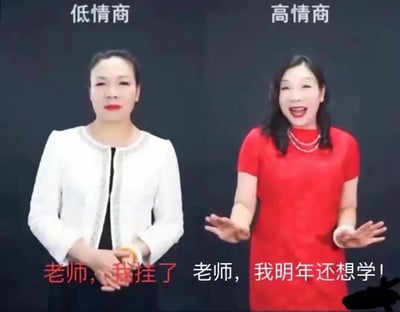 这张图以两位女性并排站立的构图，展示了低情商和高情商在表达同一意思时的不同说法。左侧“低情商”女性穿白色衣服，配文为“老师，我挂了”，右侧“高情商”女性穿红衣服，配文为“老师，我明年还想学！”。通过对比说明同样是考试没通过，高情商表达更委婉积极，更容易获得老师好感。画面下方的对话有点网络调侃和自嘲的色彩。

本图属于网络流传的“低情商/高情商”系列梗图，常用来讽刺或调侃沟通时的不同表达方式。

无明显双关、谐音梗或暗示。