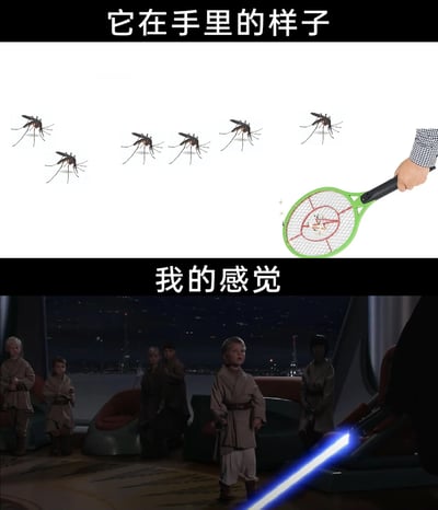 这是一张上下分栏的对比式搞笑梗图，上半部分呈现日常灭蚊场景：一只手握着绿色电蚊拍，电蚊拍上已电死一只蚊子，周围还有多只蚊子环绕，配文“它在手里的样子”，还原了使用电蚊拍灭蚊的真实画面；下半部分截取了科幻影视《星球大战》里的经典场景，一群身着绝地武士服饰的幼童仰头注视着光剑，脸上满是崇拜与惊叹，配文“我的感觉”。整张图通过将普通的电蚊拍与充满科幻感的光剑场景进行类比，幽默地调侃了人们在使用电蚊拍时，会产生自己像绝地武士挥舞光剑一样帅气的中二自我感觉，用反差感制造趣味。