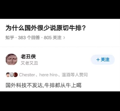 这是一张知乎问题截图，标题为“为什么国外很少说原切牛排？”，显示有383个回答和805人关注。下方是用户“老丑侠”（个人描述“又老又丑”）的搞笑回答：“国外科技不发达,牛排都从牛上噶”，并有机灵的网友如Chester、here hiro、温酒等人点赞。回答通过夸张调侃国外科技水平，制造出反差幽默效果。