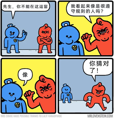 这是一则四格连环卡通漫画，剧情围绕规则与违规展开：第一格中，身着警服的蓝色卡通角色抬手制止红色卡通角色，告知其不能在此区域逗留；第二格中，红色角色摆出凶狠的表情，握拳向警察反问“我看起来像是很遵守规则的人吗？”，试图用强硬态度对抗；第三格中，警察淡定地给出“像”的回答，瞬间打破红色角色的装凶姿态；第四格中，红色角色尴尬地喊出“你猜对了！”，随即转身快速跑开，用强烈的反差感制造出滑稽搞笑的效果，展现了装凶失败的违规者的窘迫处境。