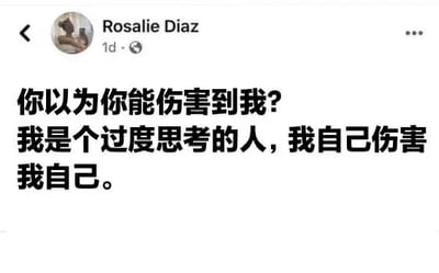 这是一张国外社交平台的静态截图，发布者为Rosalie Diaz，发布时间显示为1天前。截图的核心内容是一段自嘲式的文字：“你以为你能伤害到我？我是个过度思考的人，我自己伤害我自己。”，这段文字以黑色幽默的方式，表达了过度思考人群的内心状态——他们常常会因为自身的思虑过重而产生内耗，这种自我带来的精神消耗甚至超过了他人可能带来的伤害，精准戳中了这类人群的情绪共鸣点。
