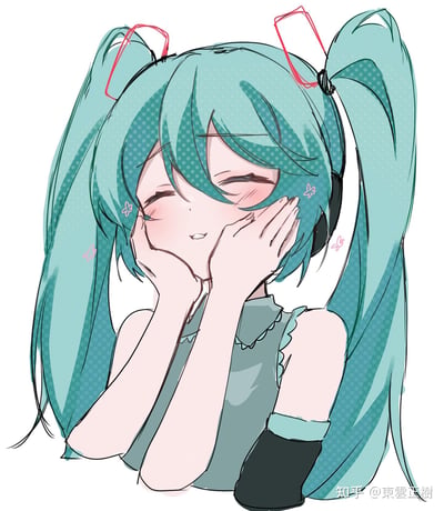 这是一幅手绘风格的初音未来同人插画，画面中的初音未来有着标志性的青绿色双马尾，闭着双眼，双手托住脸颊，脸颊泛起红晕，周围点缀着小花朵图案，呈现出害羞又幸福的花痴神态。头发部分使用了网点纹理来增加质感，整体画风清新柔和，充满软萌感。图中没有双关、谐音梗或暗示内容。